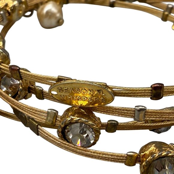 Seasonal Whispers Faux Pearl Beaded Clear Crystals Bangle Bracelet - Picture 2 of 6